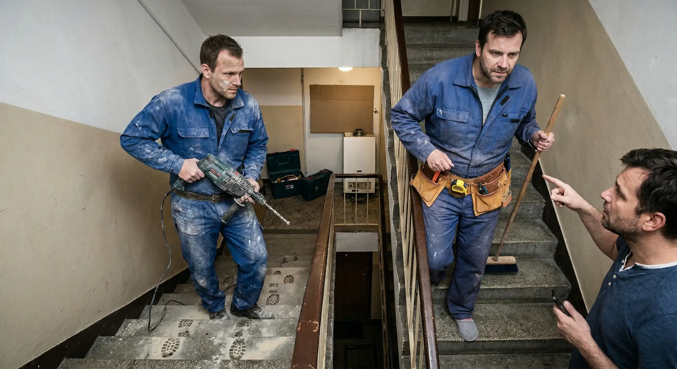 Dvaja zaprášení remeselníci v modrých montérkach pracujú na schodisku bytového domu; jeden drží vŕtačku, druhý stojí s metlou a tool beltom. Nespokojný sused v tielku na nich ukazuje a sťažuje sa.