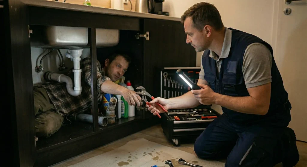 Profesionálny asistent v tmavomodrej veste kľačí pri kuchynskej linke a podáva blicky kliešte mužovi, ktorý leží hlboko pod drezom a opravuje sifón. Asistent v druhej ruke drží svietidlo a presne osvetľuje pracovný priestor. V pozadí je otvorený kufrík s náradím.