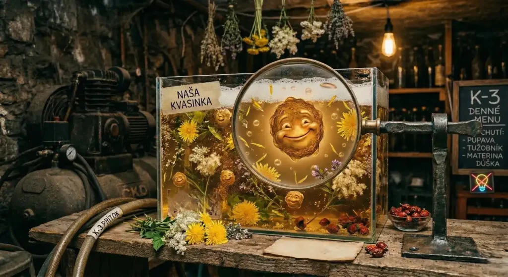 Detailný pohľad do tmavej pivnice: v sklenenom akváriu pláva kvasinka K-3 obklopená čerstvými púpavami, tužobníkom a materinou dúškou. Vedľa akvária stojí starý priemyselný kompresor ČKD a nad ním visia zväzky sušených byliniek.