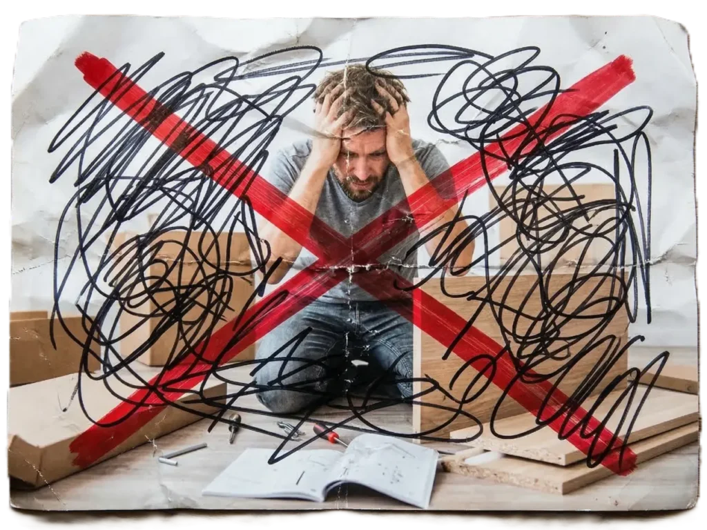 Pokrčená a dočmáraná fotografia zúfalého muža obklopeného doskami, ktorý nezvláda skladanie nábytku. Fotka je preškrtnutá hrubým červeným krížom a počmáraná čiernou fixkou na znak frustrácie.