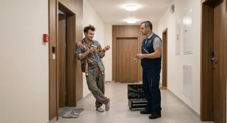 Dr. Jozef v pracovnej veste s kufríkom náradia stojí na modernej chodbe a skepticky sleduje usmievavého suseda (Trickstera) v pestrofarebnom oblečení, ktorý mu niečo vysvetľuje.