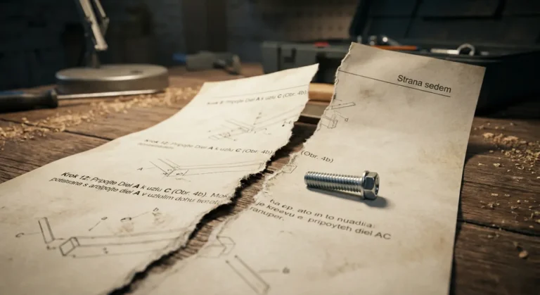 Detailný záber na roztrhnutú stranu sedem z návodu na montáž so zvyšnou skrutkou