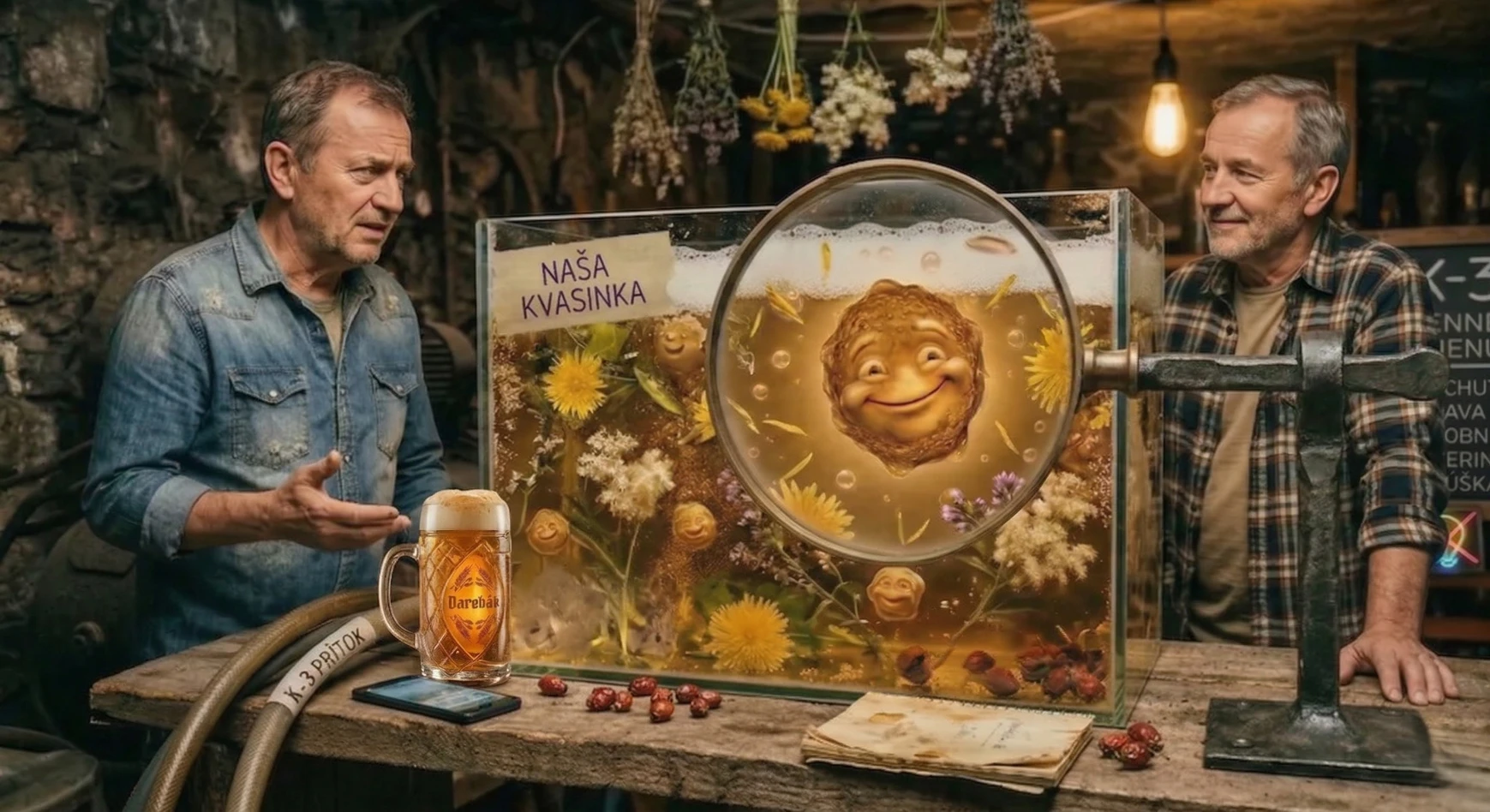Dva muži v pivnici diskutujú o výrobe domáceho piva pri kvasnej nádobe s kvasinkou K-3.